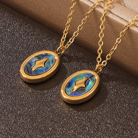 Collar Con Colgante De Concha De Abulón Ovalado Para Mujer Acero De Titanio Chapado En Oro De 18K Motivo De Estrella Cadena De Serpiente