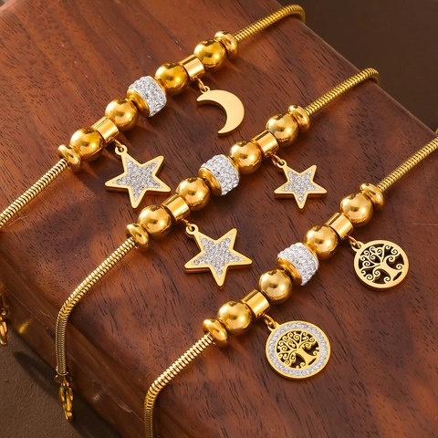 Bracciale Con Ciondoli Albero Della Vita Stella Luna Acciaio Al Titanio Placcato Oro Strass Catena A Serpente Moda