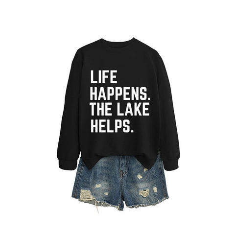 Sudadera Cuello Redondo Mujer Eslogan Life Happens The Lake Helps Manga Larga Mezcla Algodón Ajuste Holgado Top