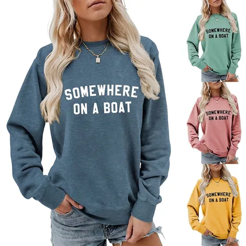 Somewhere On A Boat Lettre Imprimer Femmes Col Rond Manches Longues Sweat-shirt Décontracté Ample Mélange De Coton Pull