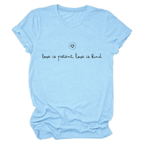 Maglietta Donna Casual a Maniche Corte in Cotone Con Stampa Love Is Patient Love Is Kind Cuore Girocollo Top Estivo
