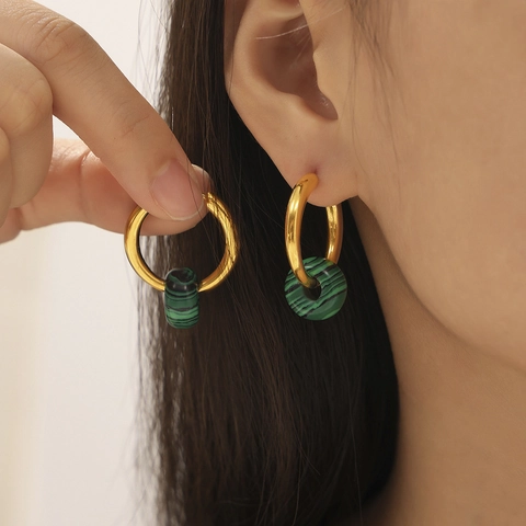 Geometric Hoop Earrings With Natural Stone Beads Titanium Steel 18K Gold Plated Minimalism Jewelry For Women