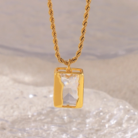 Collar con Colgante de Zirconia Rectangular Vintage para Mujer Bañado en Oro 18K Acero Inoxidable Cadena de Cuerda Joyería