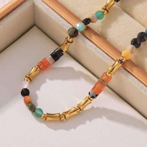 Bohemian Natural Stone Beaded Necklace Colorful Gemstone Stainless Steel Bamboo Spacers Choker Jewelry For Women