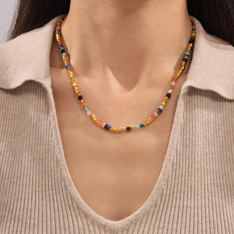 Bohemian Natural Stone Beaded Necklace Colorful Gemstone Stainless Steel Bamboo Spacers Choker Jewelry For Women