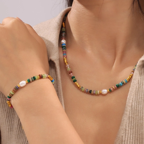 Collana E Bracciale Di Perle In Pietra Naturale Bohémien Perle D'acqua Dolce Acciaio Inossidabile Gioielli Estivi Da Donna