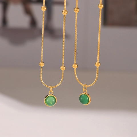 Collar Con Colgante De Piedra Verde Vintage Francés Para Mujer Chapado En Oro De 18K Acero Inoxidable Joyería Minimalista