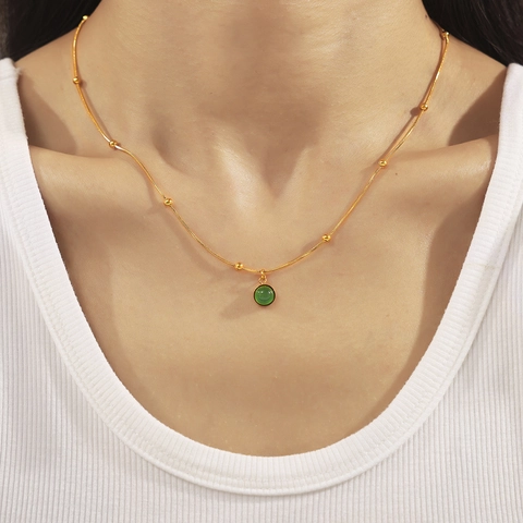 Collar Con Colgante De Piedra Verde Vintage Francés Para Mujer Chapado En Oro De 18K Acero Inoxidable Joyería Minimalista