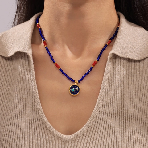 Collana di Perline in Acciaio al Titanio Bohemienne per Donna Ciondolo Sole Luna Stella Smaltato Gioielli Girocollo in Pietra di Cristallo Artificiale