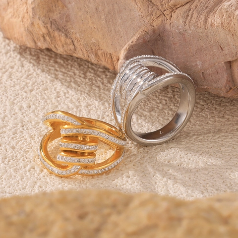 Geometric Intertwined Double Layer Ring Titanium Steel 18K Gold Plated Pave Rhinestone Fashion Jewelry For Women