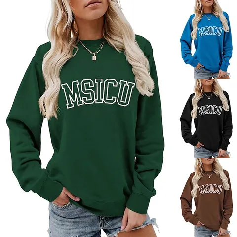 Damen Sweatshirt Rundhals Langarm Buchstaben Print Lockerer Schnitt Pullover Baumwollmischung Casual Herbst Winter Top