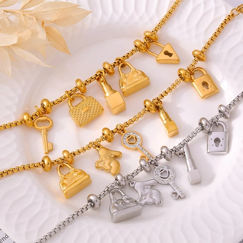 Charm Bracelet Stainless Steel 18K Gold Plated Rhinestone Multi Pendant Handbag Key Lock Adjustable Vintage Women