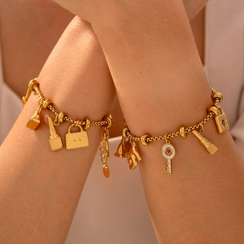 Charm Bracelet Stainless Steel 18K Gold Plated Rhinestone Multi Pendant Handbag Key Lock Adjustable Vintage Women