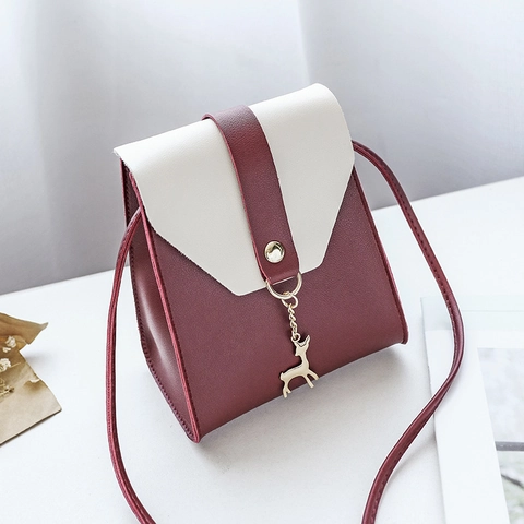 Mini Sac Bandoulière Pour Femmes En Cuir PU Vintage Style Color Block Avec Pendentif Cerf Doré Élégant Mode