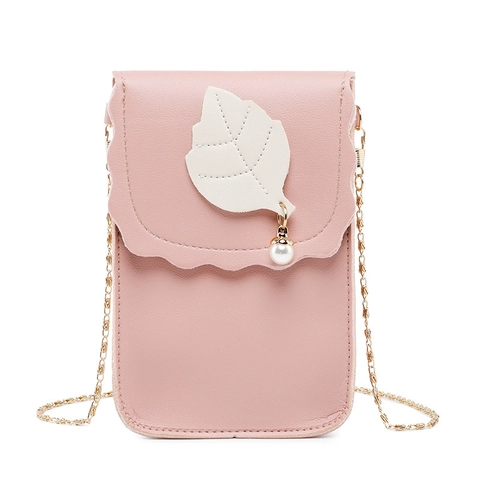 Women Mobile Phone Crossbody Bag PU Leather Wave Edge Leaf Patch Artificial Pearl Charm Mini Shoulder Bag With Metal Chain Strap