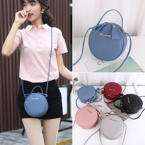 Round Crossbody Bag Pebble Grain PU Leather Mini Handbag Zipper Closure Adjustable Strap Fashion Solid Color For Women