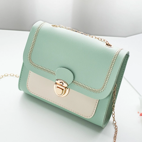 Moda Mujer Mini Bolso Bandolera Color de Contraste Cuero PU Cadena Bolso de Hombro Con Hebilla de Bloqueo Pequeño Bolso Cuadrado