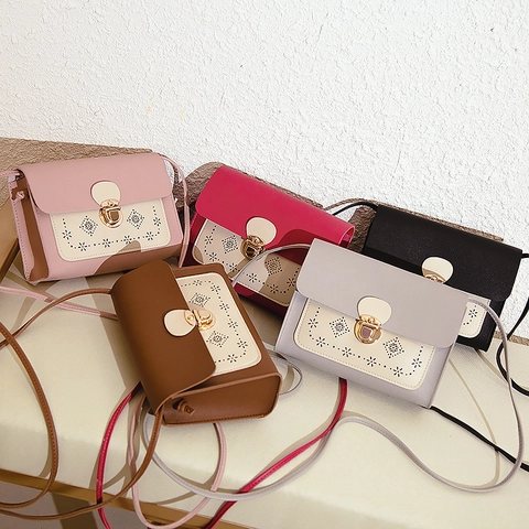 Women PU Leather Crossbody Phone Bag Hollow Floral Contrast Color Small Square Messenger Bag Fashion Mini Shoulder Bag