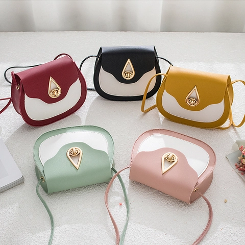 Fashion Women PU Leather Color Block Saddle Bag With Water Drop Metal Lock Small Crossbody Shoulder Bag For Daily Dating