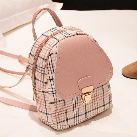 Women Mini Plaid Backpack Fashion PU Leather Checkered Crossbody Bag With Heart Lock Small School Travel Daypack
