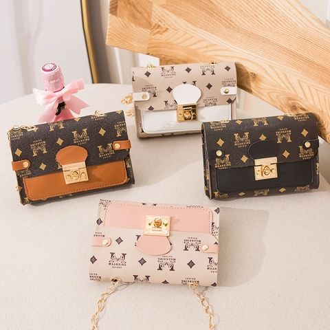 Retro Monogram Print Small Square Crossbody Bag PU Leather Metallic Chain Strap For Women Fashion Satchel Purse