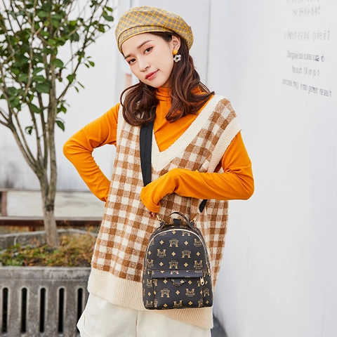 Women Mini Backpack PU Leather Monogram Print Multi Functional Crossbody Shoulder Bag Retro Vintage Small Fashion Daypack