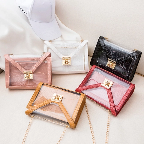 Borsa a Tracolla Jelly da Donna alla Moda in PVC Trasparente PU Motivo Coccodrillo Catena in Metallo Mini Borsa