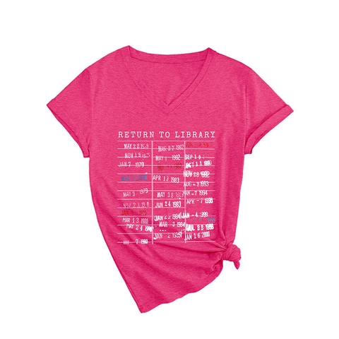 Women V Neck Short Sleeve T-Shirt Casual Cotton Blend Vintage Library Card Graphic Print Summer Retro Loose Fit Top