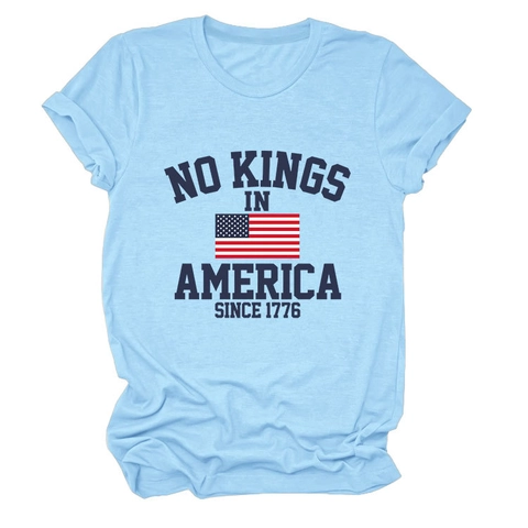 No Kings In America Since 1776 T-Shirt Femme Mélange Coton Col Rond Manches Courtes Drapeau Américain Vintage Haut Décontracté