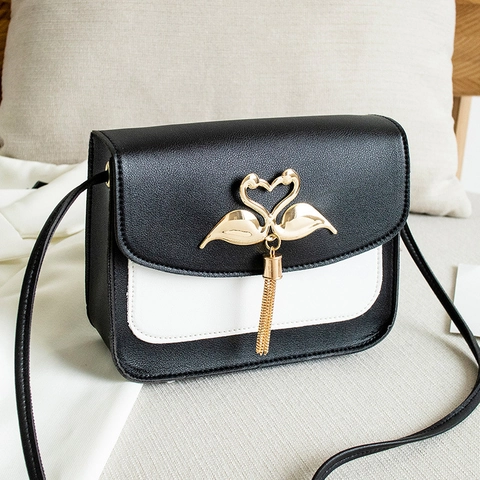 Γυναικεία Μόδα Δερμάτινη Τσάντα Crossbody PU Color-Block Γλυκιά Μικρή Τετράγωνη Τσάντα Με Χρυσό Κύκνο Φούντα Με Καπάκι Μεταλλική Πόρπη Τσάντα Ώμου
