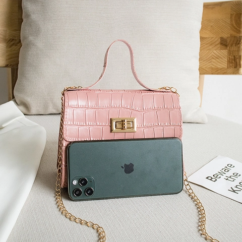 Petit Sac Carré pour Femmes Motif Crocodile Cuir PU Mode Décontracté Chaîne Bandoulière Serrure Sac à Main Quotidien