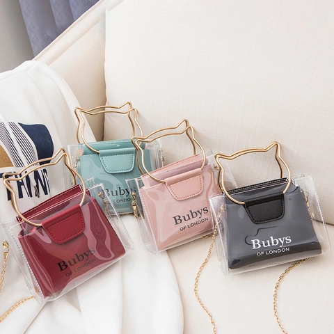 Women Cat Ear Handle Transparent PVC Crossbody Bag Fashion Sweet Chain Small Square Composite Handbag Phone Purse