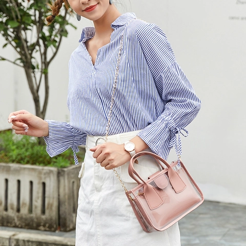 Transparent Two-In-One Handbag With Synthetic Leather Inner Pouch Metal Chain Strap Women Clear Crossbody Bag Satchel