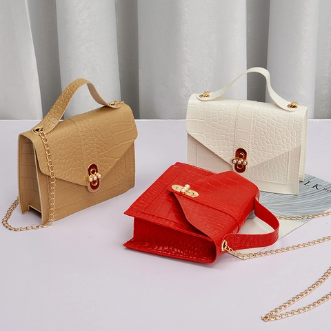 Women Retro Crocodile Pattern Small Square Bag With Artificial Pearl Lock And Golden Chain Strap PU Leather Crossbody Handbag
