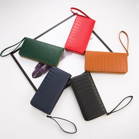 Damen PU Leder Krokodil Muster Lange Brieftasche Reißverschluss Handytasche Mit Handgelenkschlaufe Minimalistisch Große Kapazität Clutch