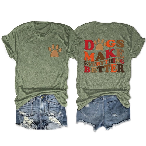 Women Casual Cotton Blend T-Shirt Dogs Make Everything Better Print Round Neck Short Sleeve Tee Summer Daily Top