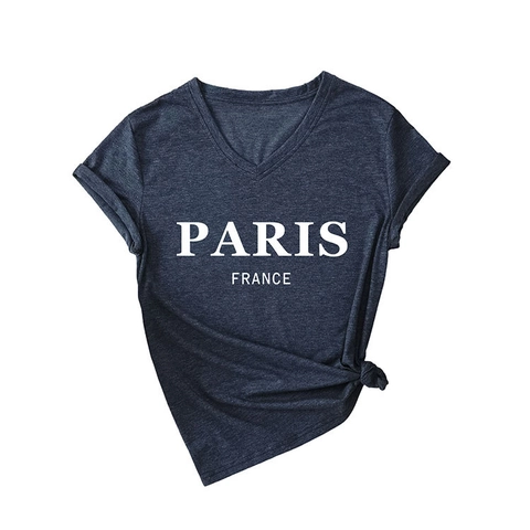 Women V Neck T-Shirt Short Sleeve Cotton Blend Paris France Letter Print Casual Loose Top Fashion Knitwear
