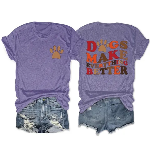 Women Casual Cotton Blend T-Shirt Dogs Make Everything Better Print Round Neck Short Sleeve Tee Summer Daily Top