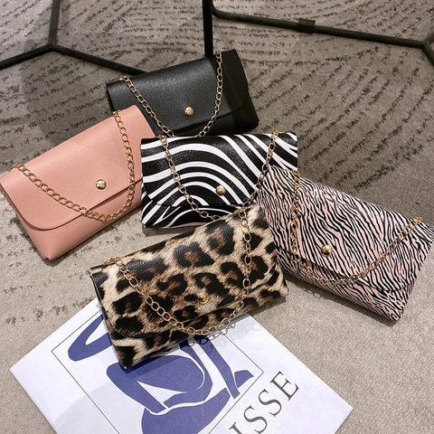 Marsupio da Donna in Pelle PU Vintage con Stampa Animale Motivo Leopardo Zebra con Catena d'Oro Piccola Borsa a Tracolla