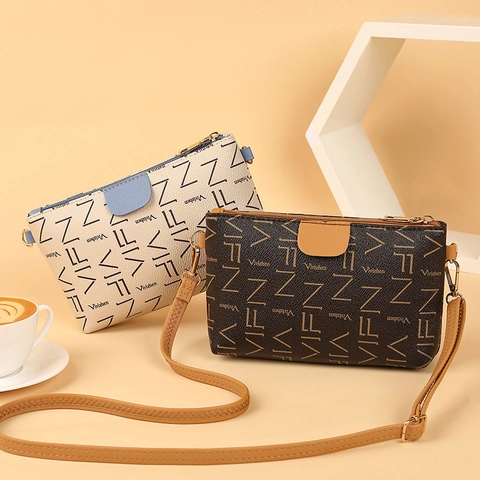 Women Monogram Letter Print Crossbody Bag PU Leather Mobile Phone Purse Contrast Color Zipper Shoulder Bag Square Handbag