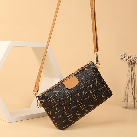 Women Monogram Letter Print Crossbody Bag PU Leather Mobile Phone Purse Contrast Color Zipper Shoulder Bag Square Handbag