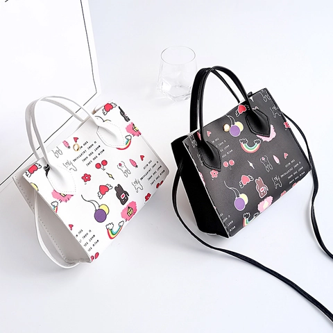 Women PU Leather Floral Daisy Print Shoulder Bag Sweet Bowknot Crossbody Handbag Small Cartoon Graffiti Square Phone Bag