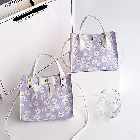 Women PU Leather Floral Daisy Print Shoulder Bag Sweet Bowknot Crossbody Handbag Small Cartoon Graffiti Square Phone Bag