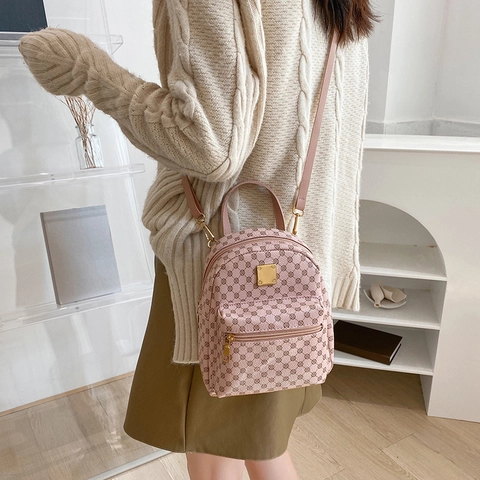 Damen Mini Mode Rucksack PU Leder Bedruckt Monogramm Muster Kleiner Daypack Freizeit Reisen Schultertasche