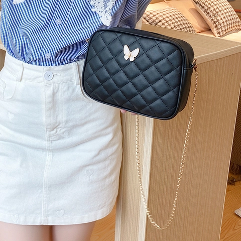 Quilted PU Leather Crossbody Bag For Women Elegant Butterfly Metal Buckle Chain Strap Tassel Shoulder Camera Bag
