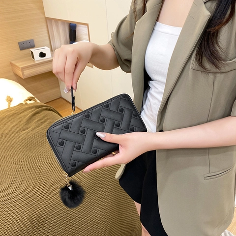 Women Long Wallet Double Zipper Heart Embroidery Woven Texture PU Leather Large Capacity Wristlet Pom Pom Handbag