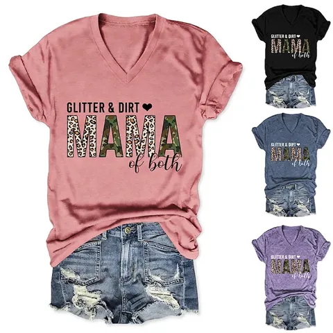 Damen V-Ausschnitt Kurzarm T-Shirt Grafik Buchstabendruck Mama Leopard Camo Patchwork Baumwollmischung Locker Sommer Oberteil