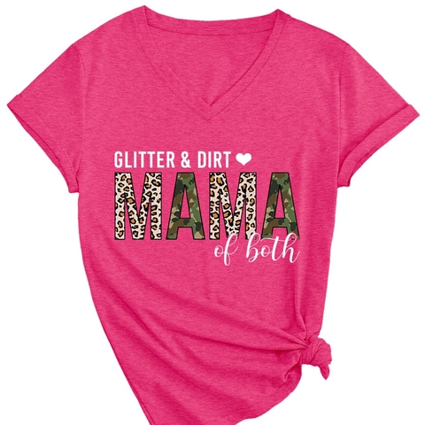Damen V-Ausschnitt Kurzarm T-Shirt Grafik Buchstabendruck Mama Leopard Camo Patchwork Baumwollmischung Locker Sommer Oberteil