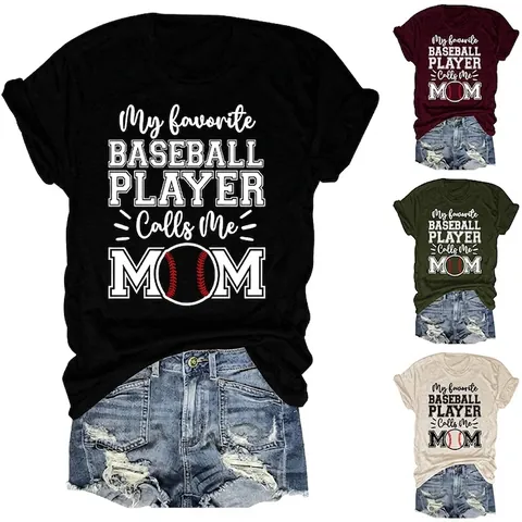 T-Shirt Donna Misto Cotone My Favorite Baseball Player Calls Me MOM Stampa Grafica Maniche Corte Girocollo Top Casual