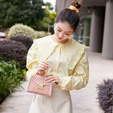 Vintage Bedruckte PU Leder Mini Box Tasche Für Damen Mode Kette Schulter Crossbody Handtasche Mit Metallschloss Griff Koreanischer Stil